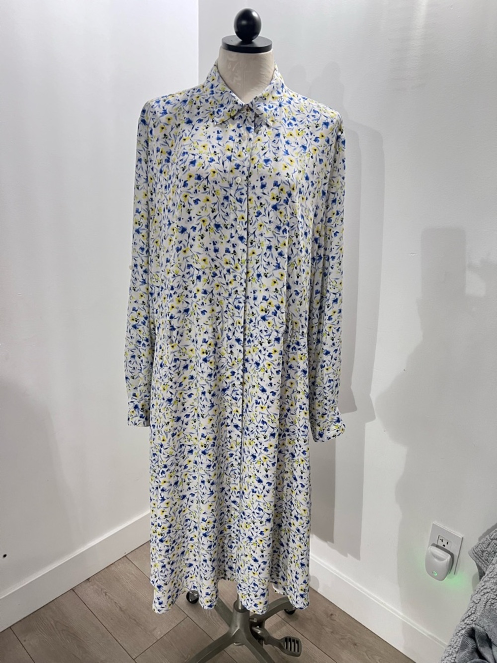 Lauren Ralph Lauren Floral Collared Shirt Dress Midi White Blue Yellow Button 18